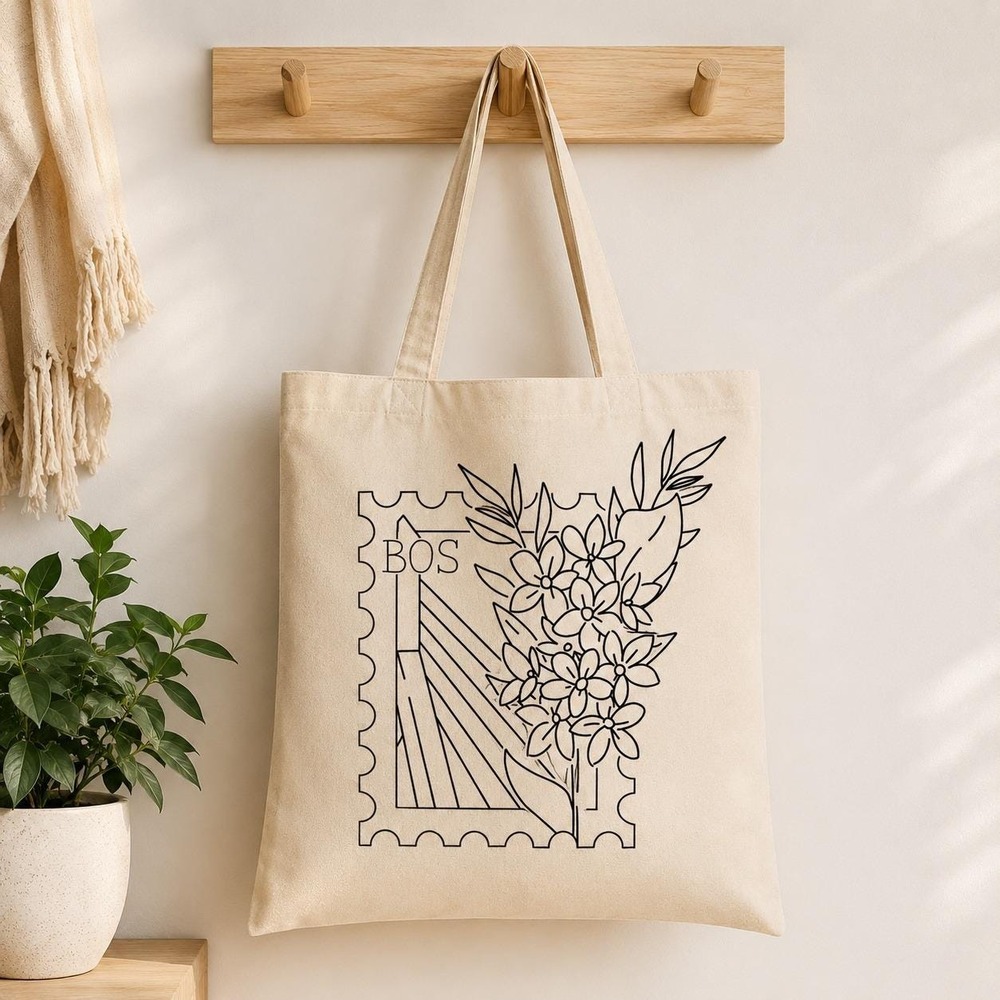 Boston BOS Airport Stamp Floral Canvas Tote Bag Cream Reusable Shopper Bag